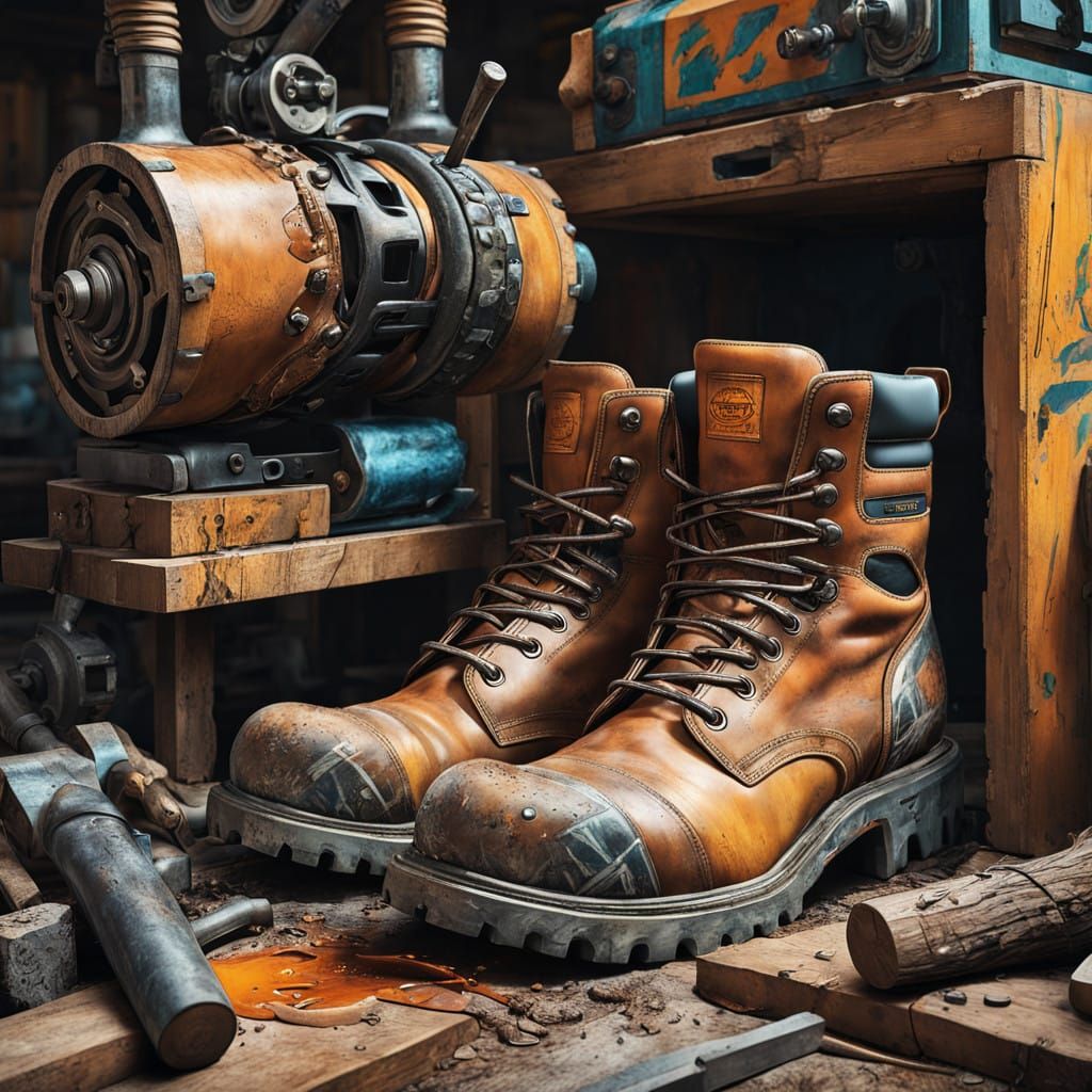 Cinematic Work Boots with Vivid Woodcutting Scenes