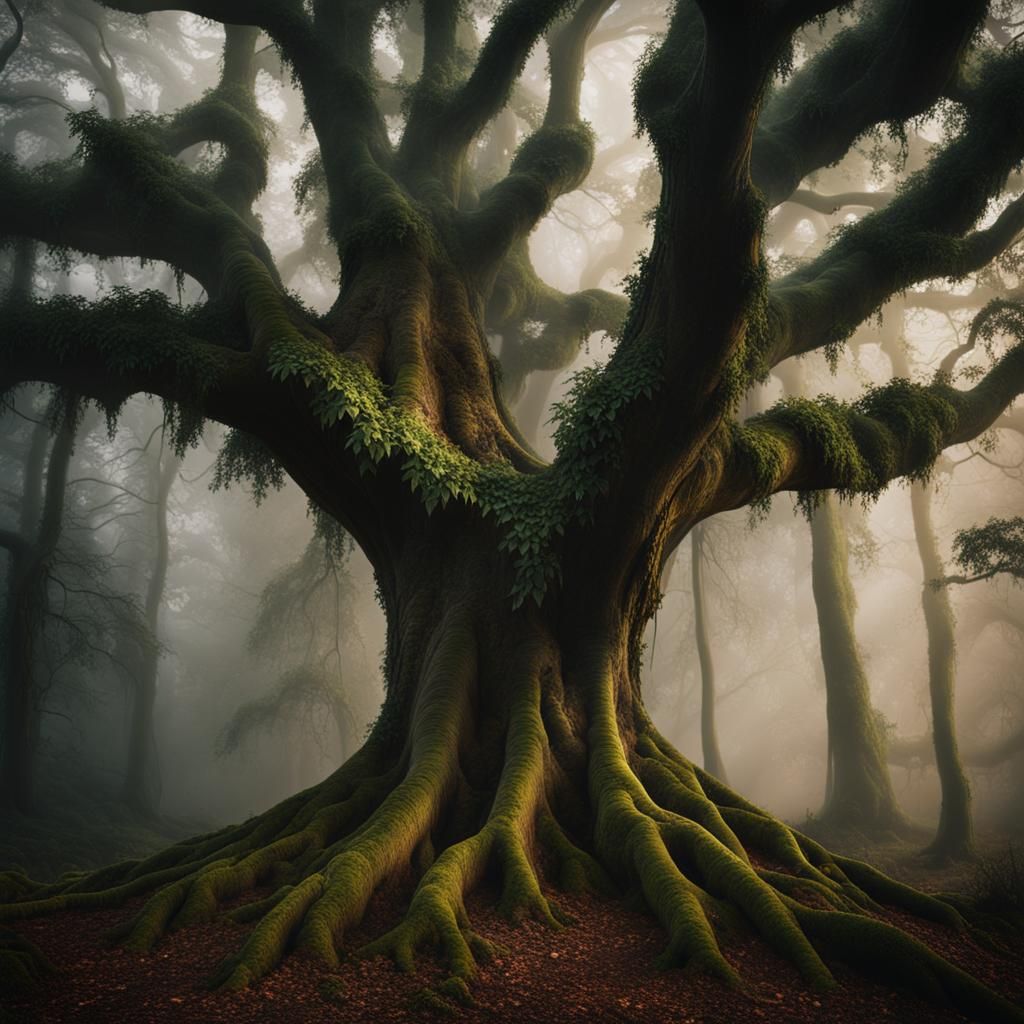 Sciadopityaceae Tree in Misty Forest: Cinematic Film Still