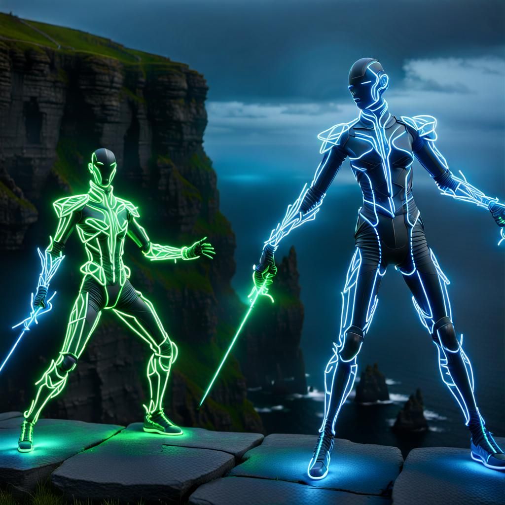 Neon Humanoids Duel with Lightning on Cliffs