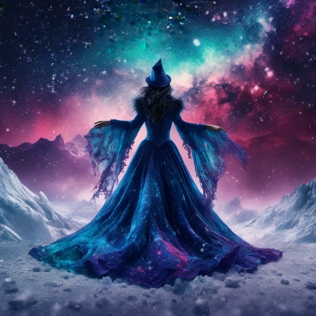 Blue Witch on Glacier with Aurora Sky
