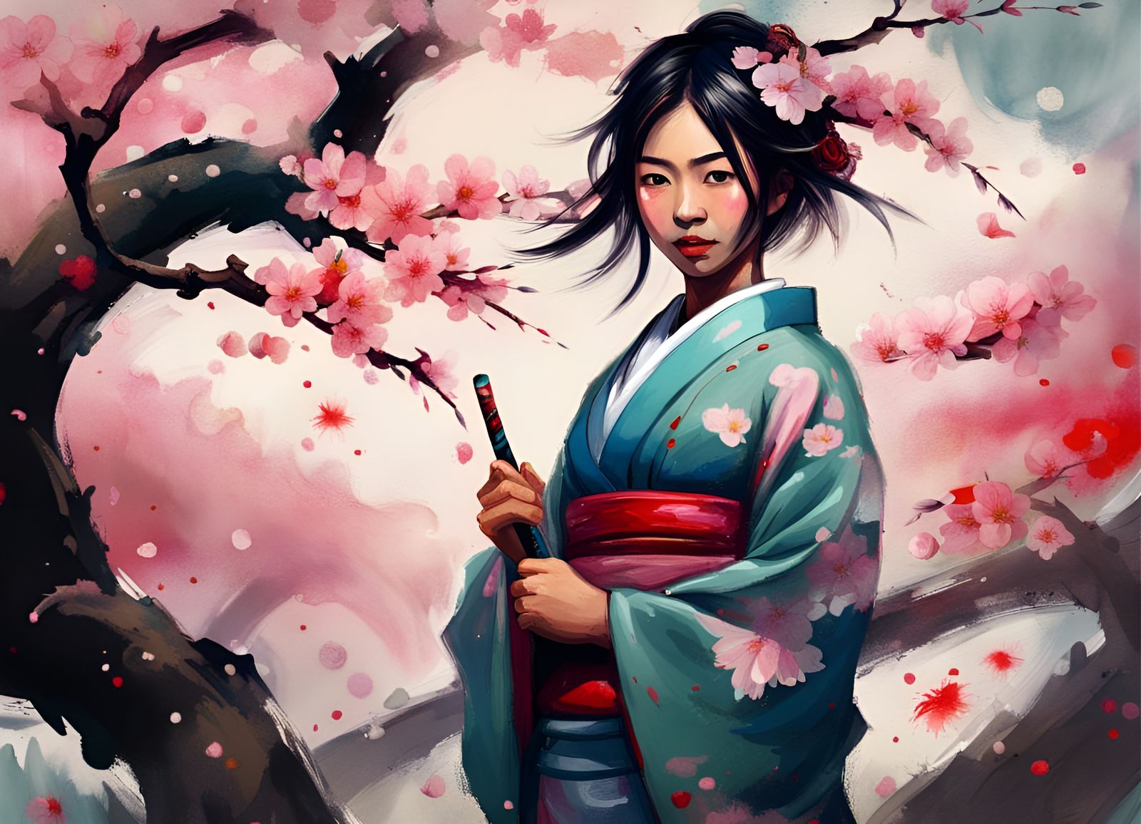 Japanese Woman with Dragon in Cherry Blossoms Painting