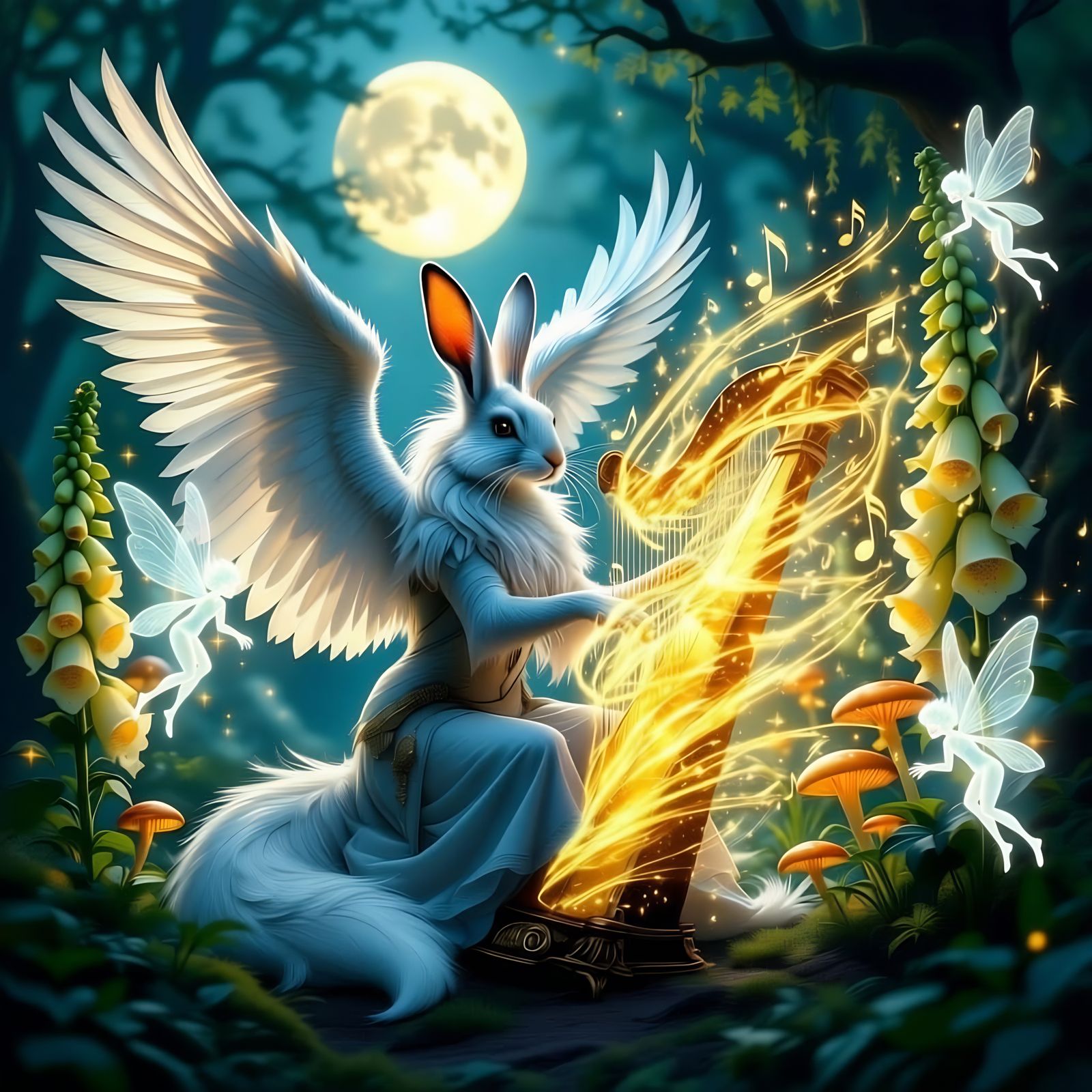 Majestic Harpy Hare Playing Harp in Enchanted Forest