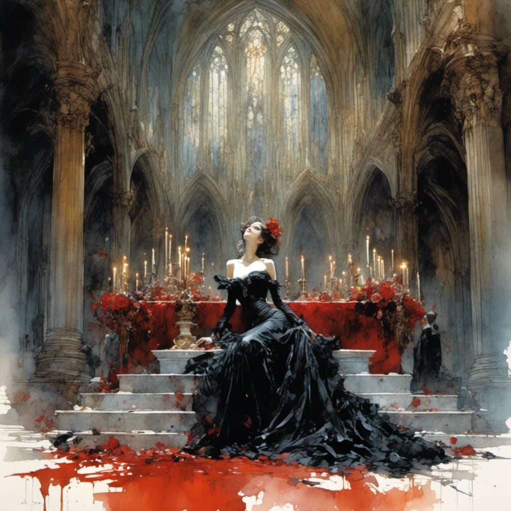 Gothic Woman on Altar in Watercolor Style