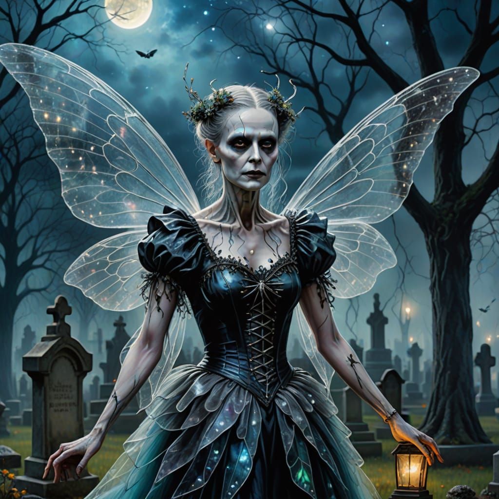 Pinhead Fairy Over Graveyard: Surreal Oil Painting