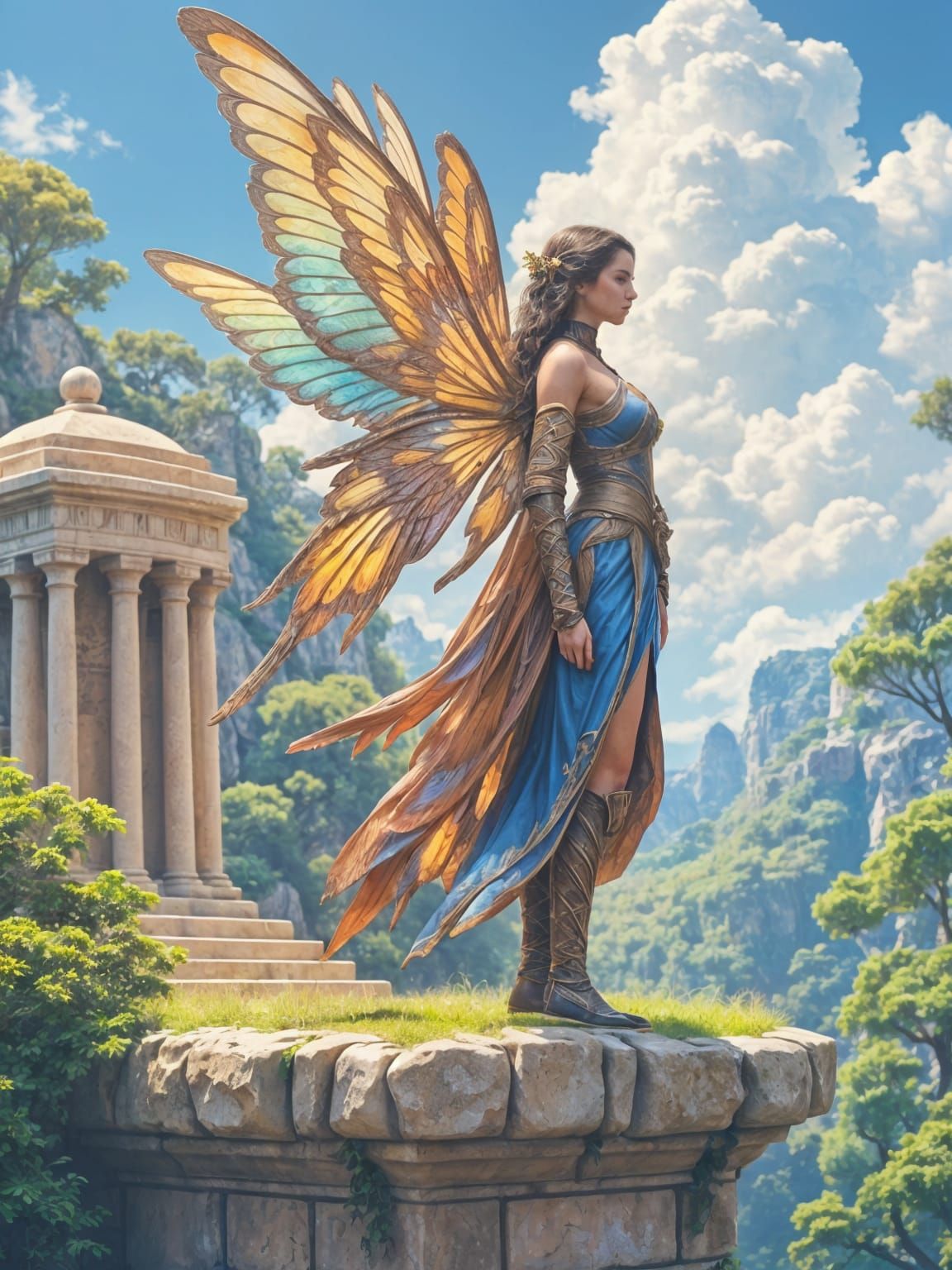 Fantasy Woman With Multi-Colored Wings by Stone Altar