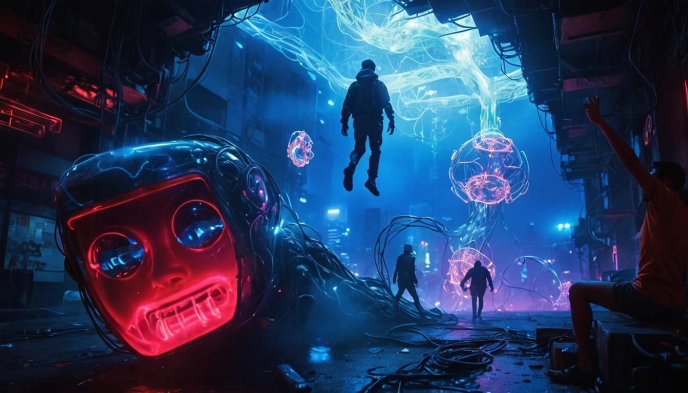 Glowing Figure in Neon Cyberpunk Cityscape