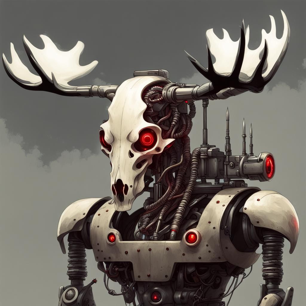 Deer Skull Robot with Glowing Eyes, Dark Fantasy