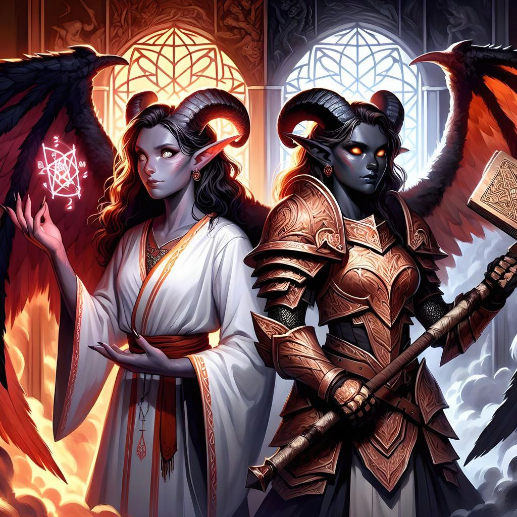 Winged Tiefling Twins: Cleric and Paladin