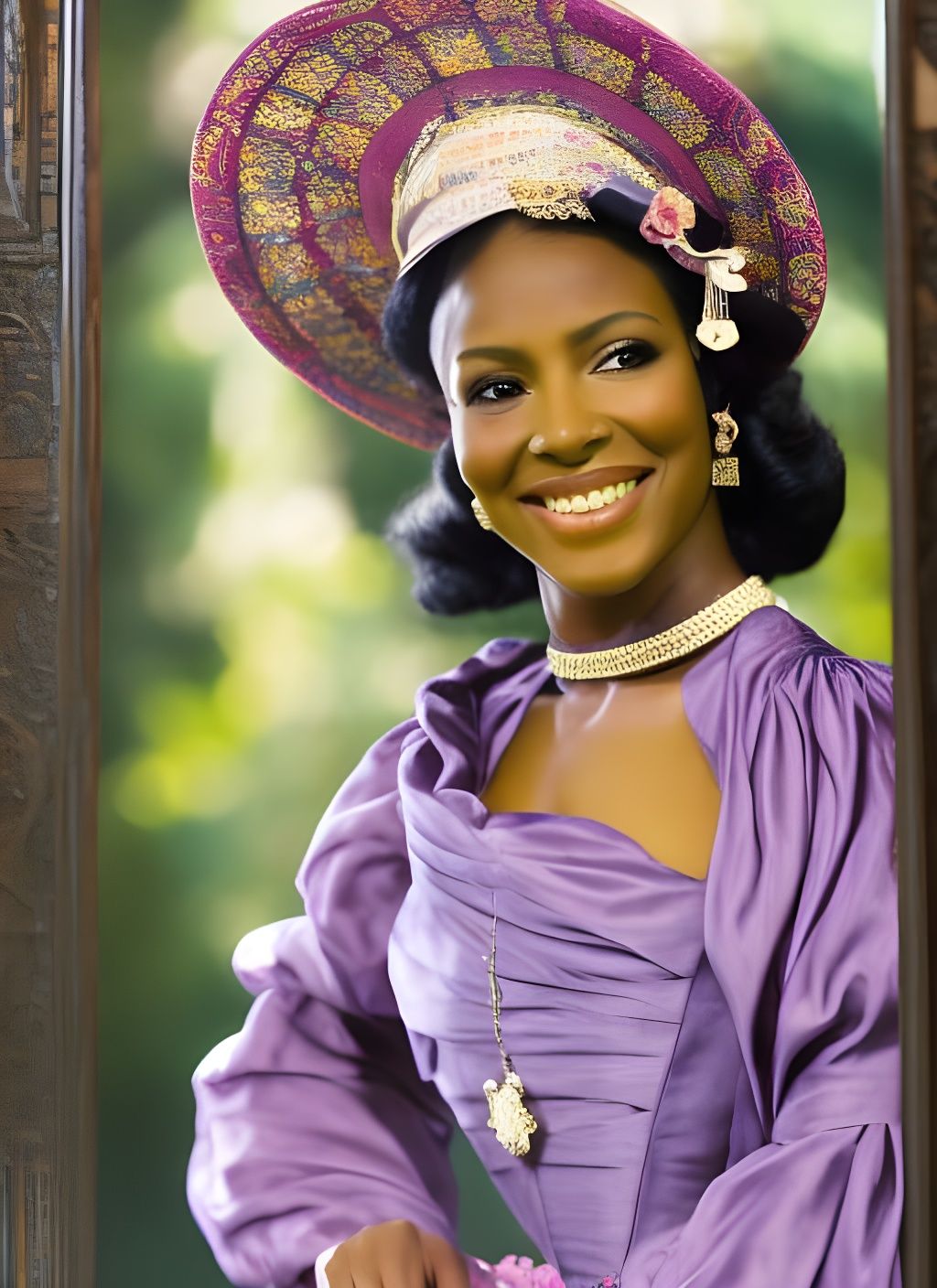 Elegant Woman in Floral Hat: Photorealistic Portrait