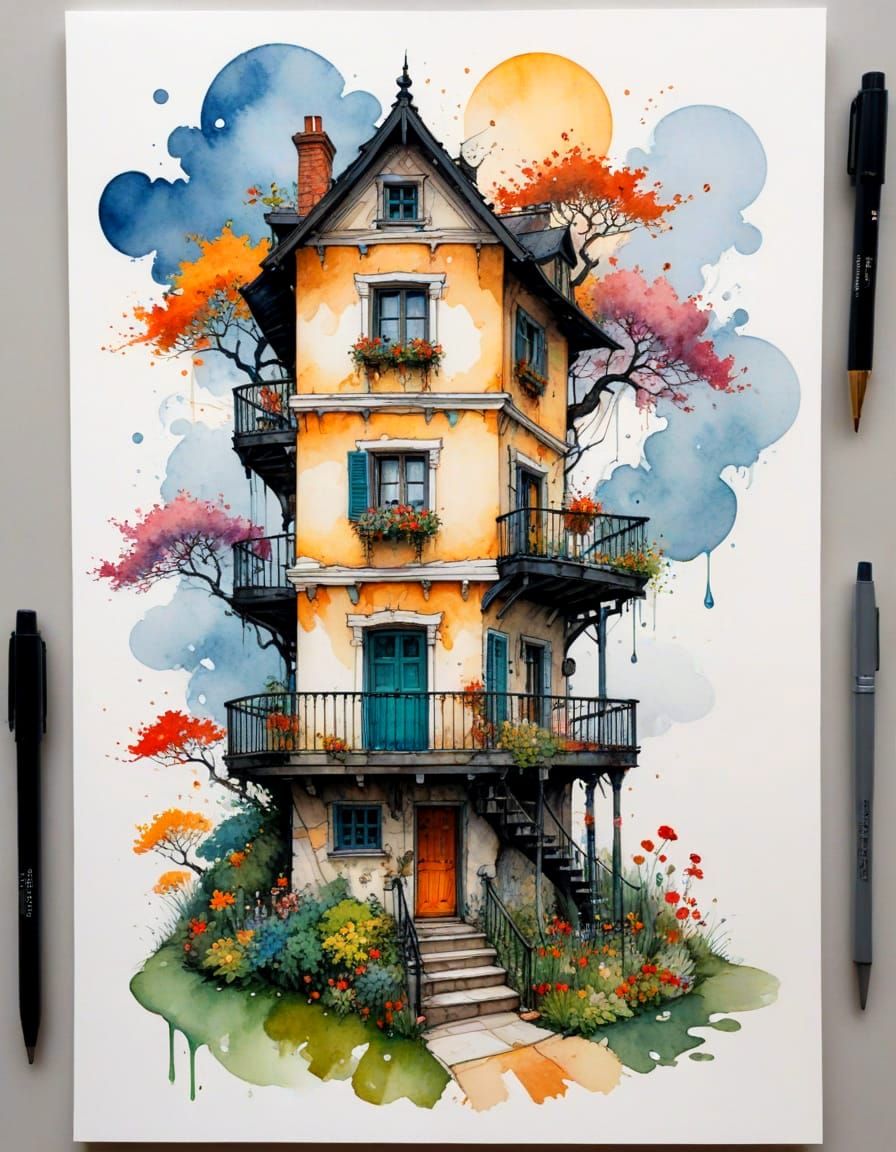 Whimsical Multi-Story House in India Ink Doodle Style