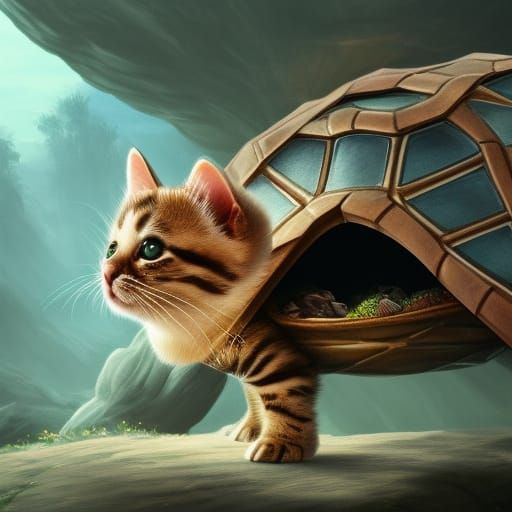 Kitten Sheltered: Fantasy Art in Turtle Shell