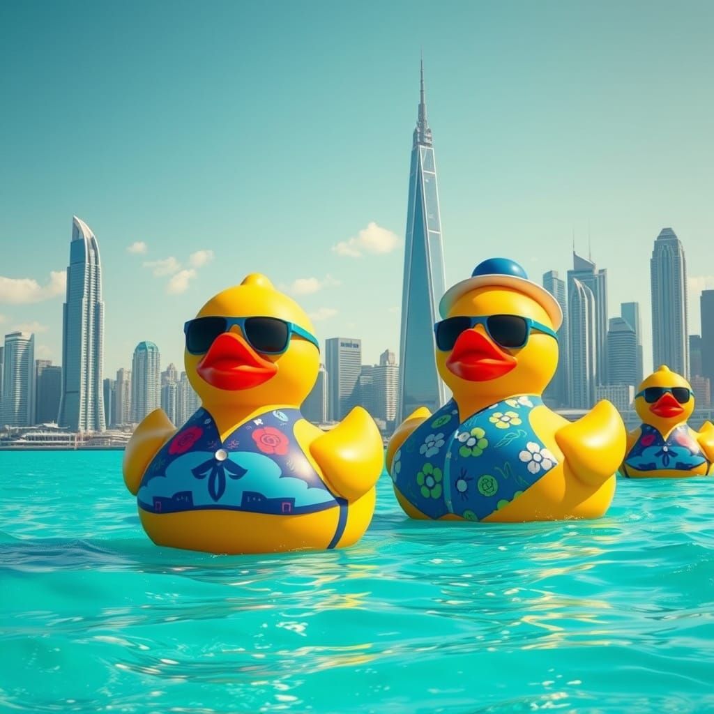 Giant Rubber Ducks in City Ocean