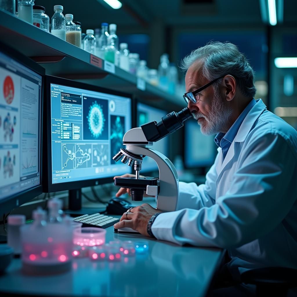 Scientist in High-Tech Lab Examining Sample