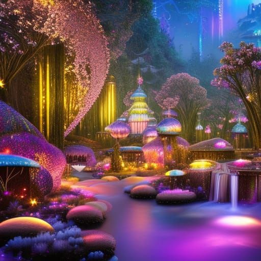Magic Fairy Garden City with Crystal Sparkles, 3D Render