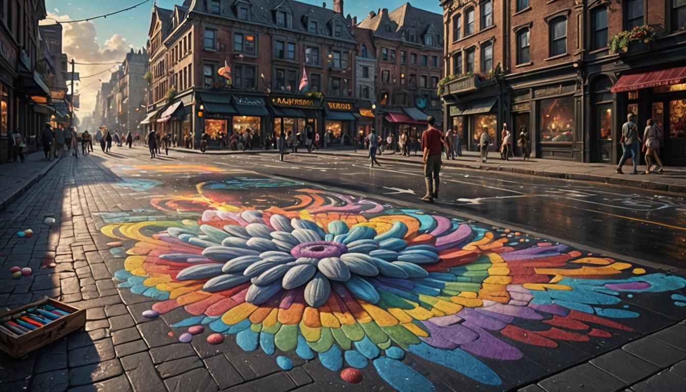 Detailed Sidewalk Chalk Art in a Maximalist Style