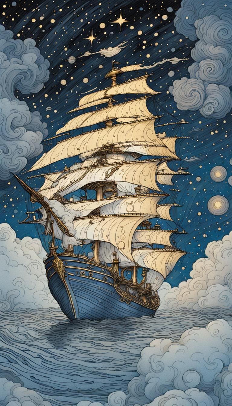 Spaceship Zooms Through Starry Sky in Rackham Style