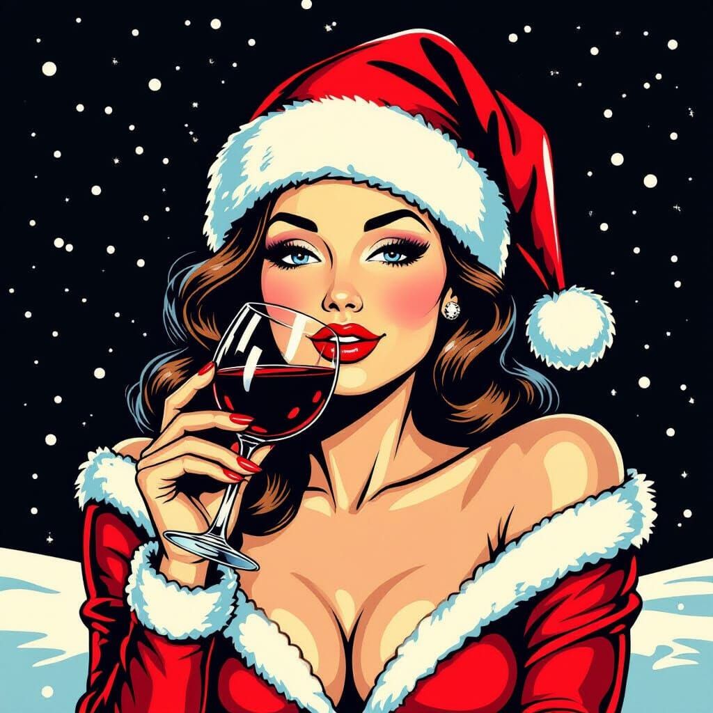 Retro Pin-Up Woman with Santa Hat Drinks Wine