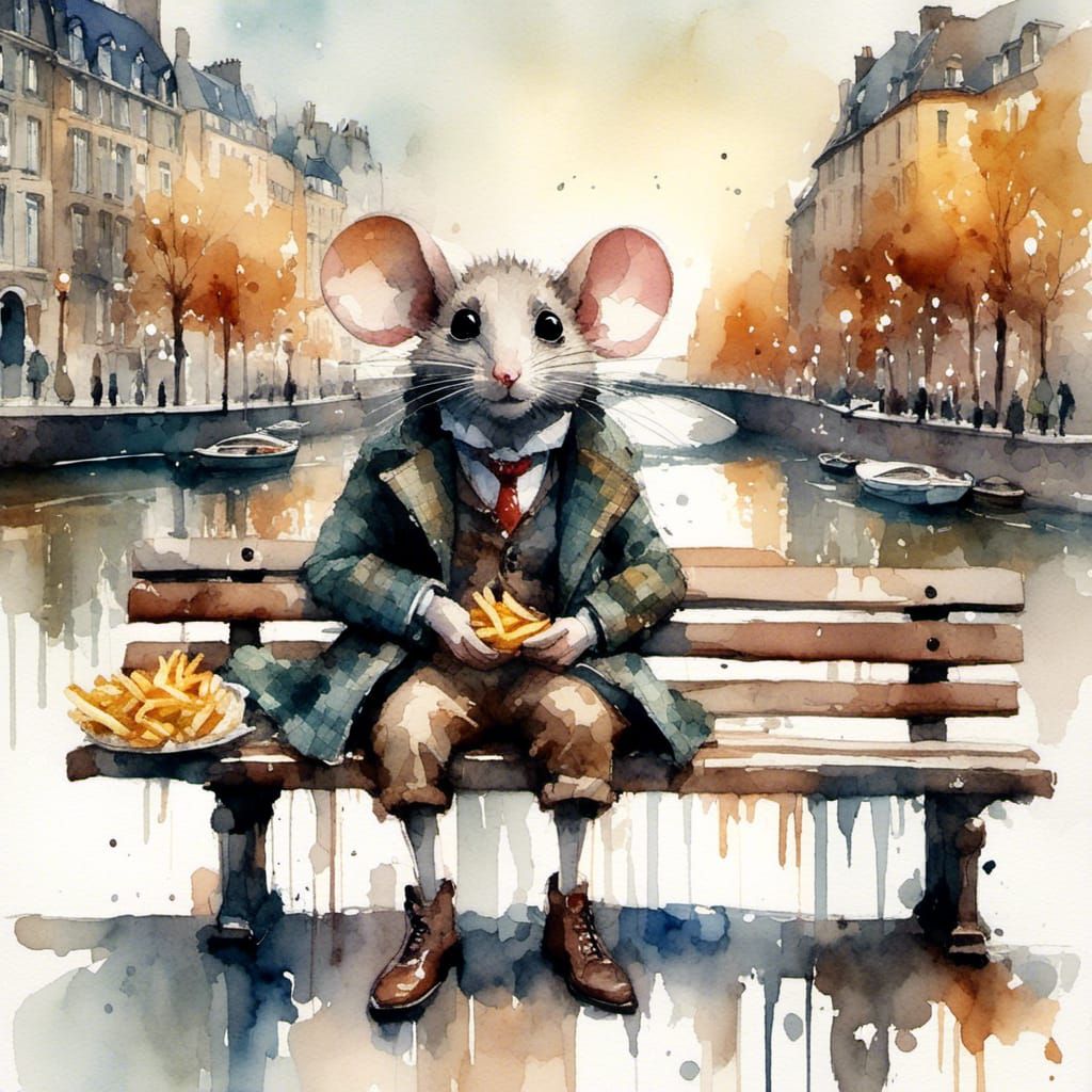 Mouse Enjoys Fries: Watercolor Painting by the Seine