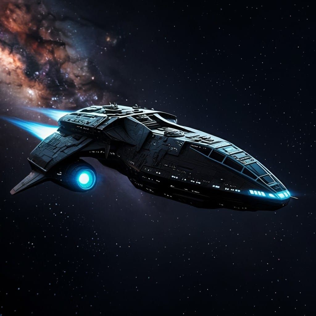 Sleek Obsidian Spaceship Slices Through Cosmic Canvas