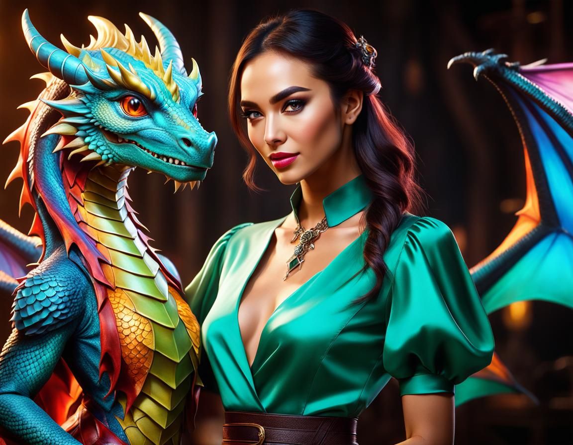 Woman with Baby Dragon: Colorful Concept Art