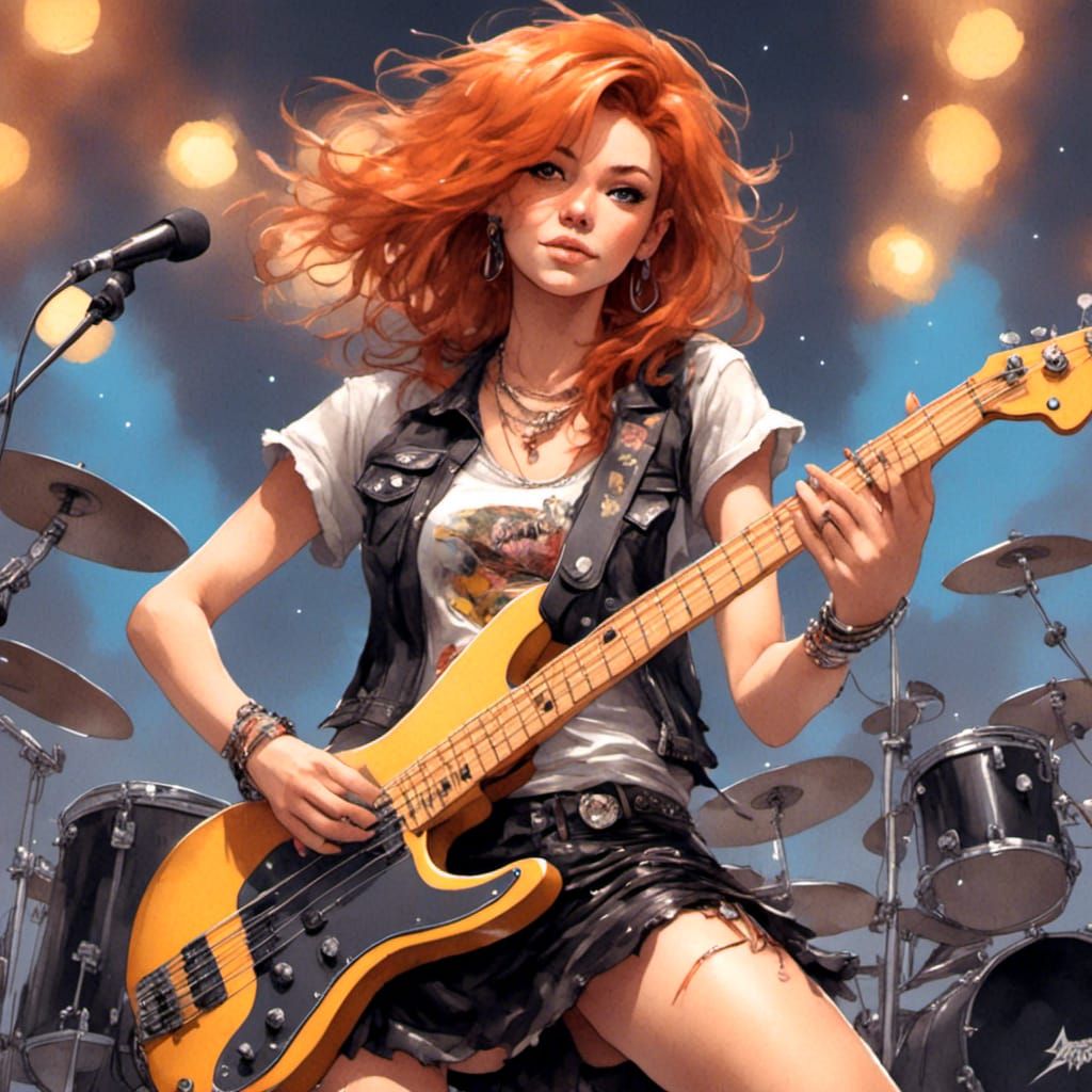 Fox-girl VIXEN playing bass guitar on stage