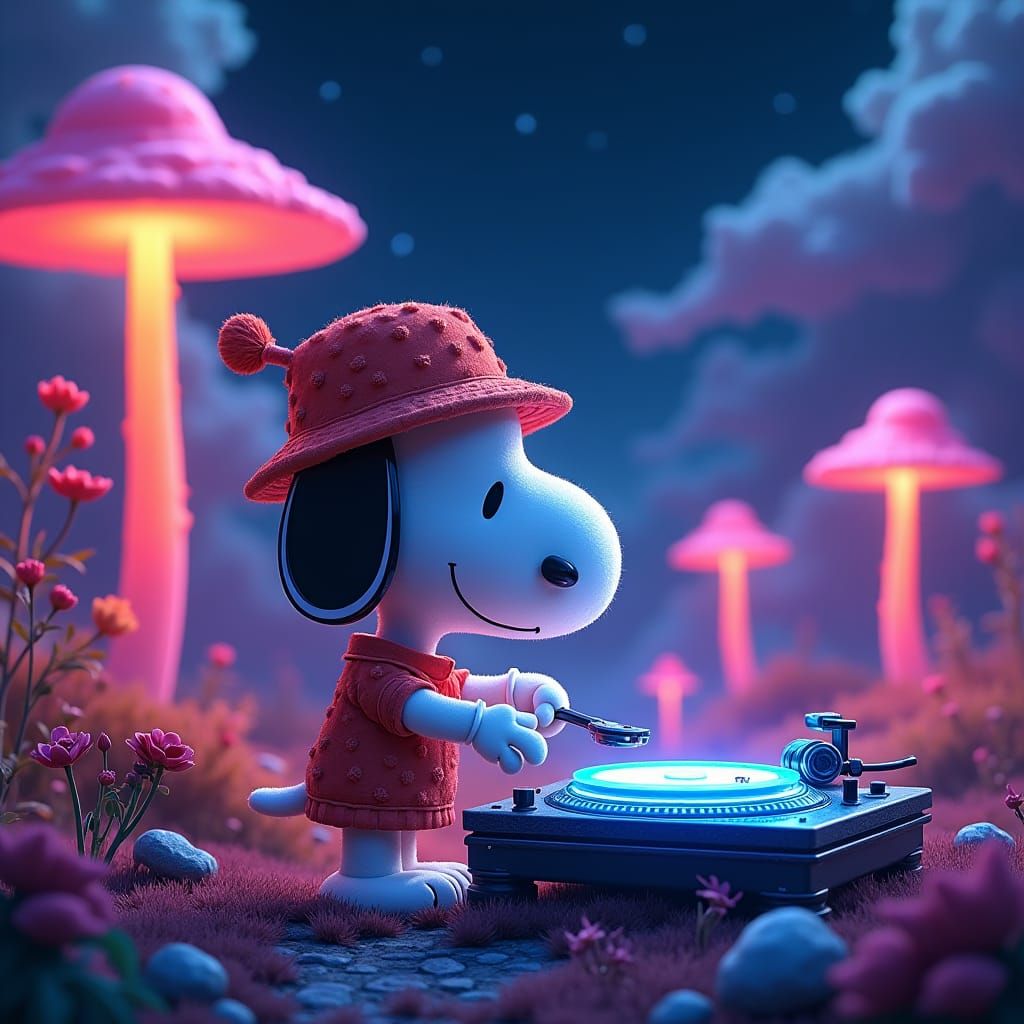 Snoopy the DJ in Neon Fantasy Landscape