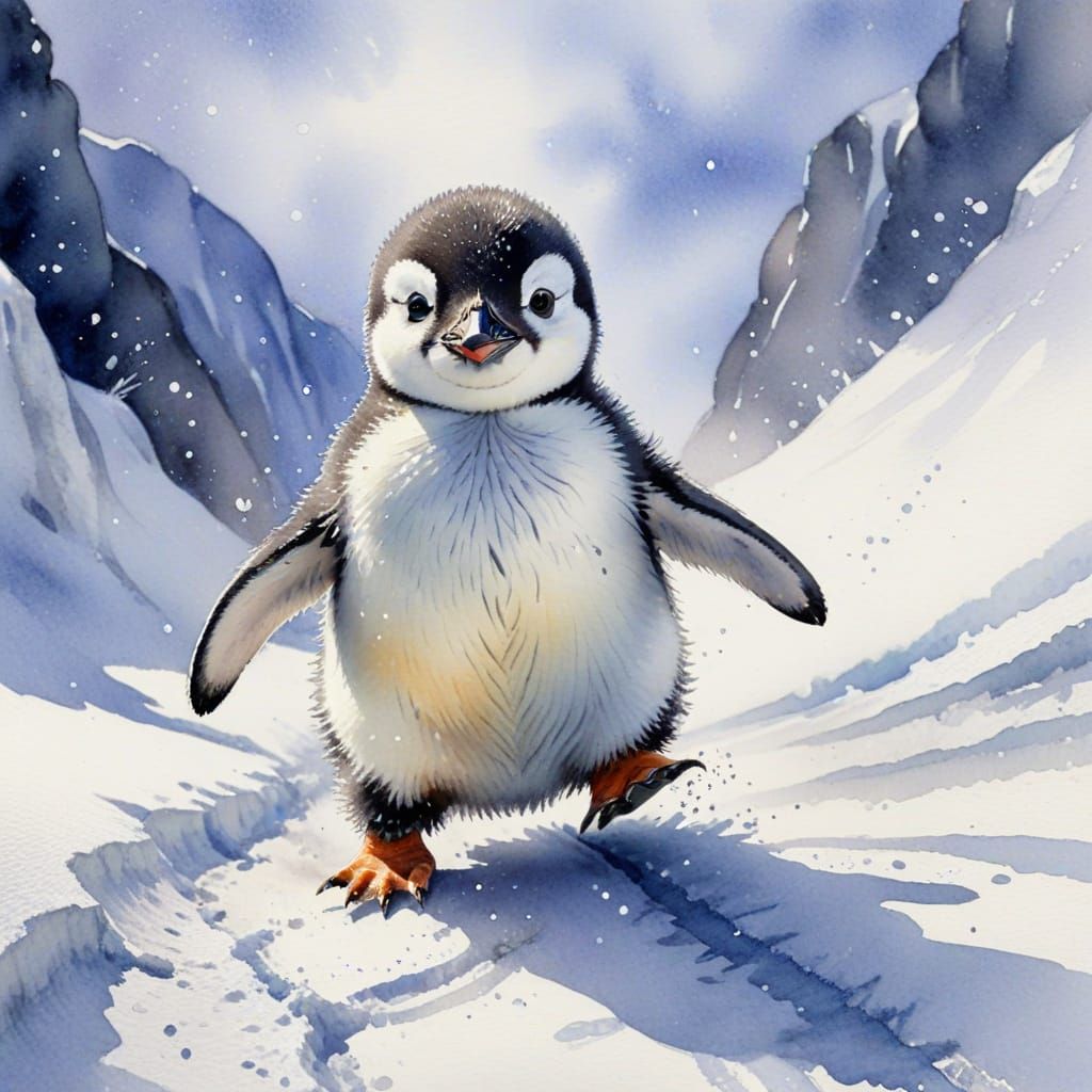 Baby Penguin Slides Down Snow Slope in Aquarelle Style