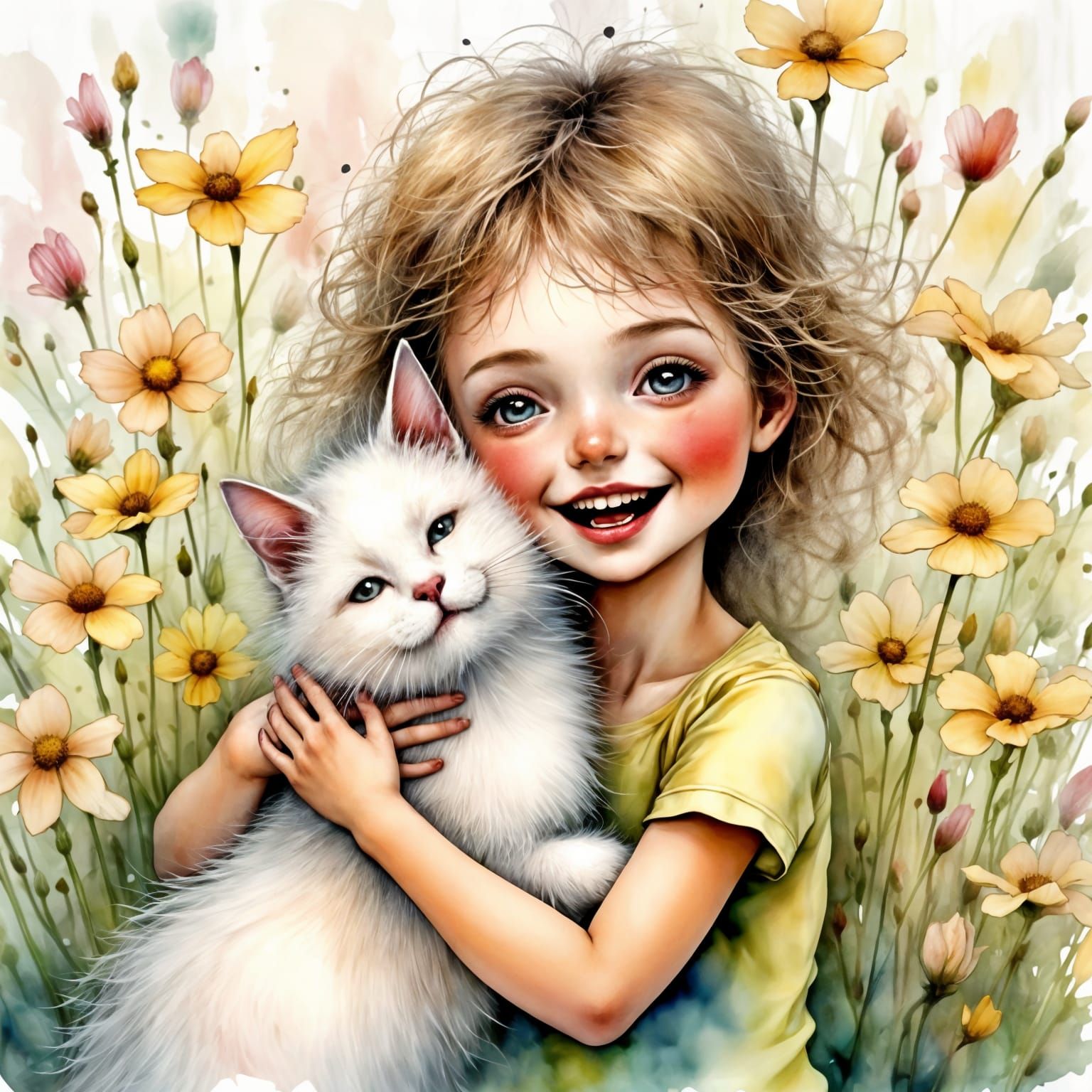 Joyful Child Hugging Cat in Sunny Meadow