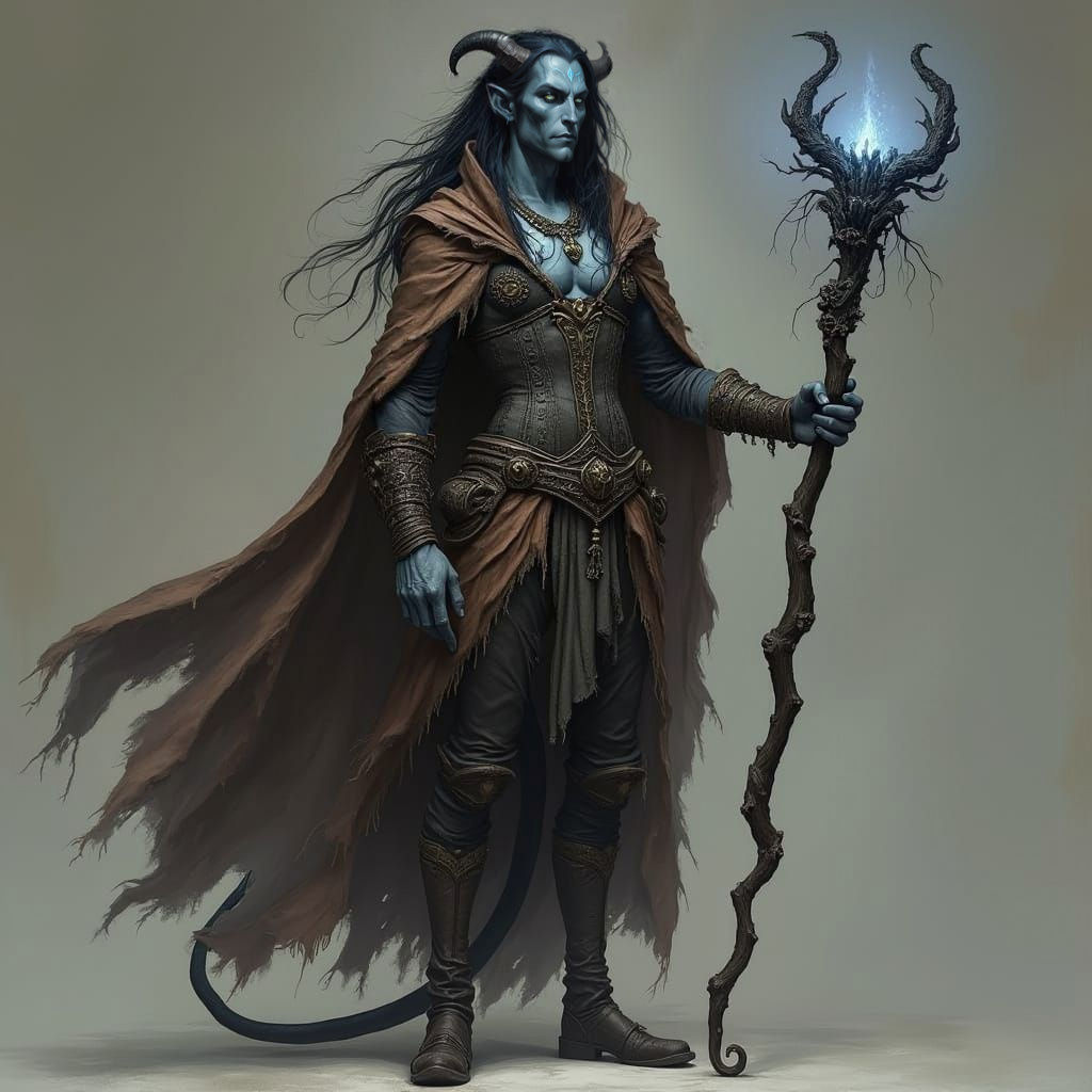 Elegant Tiefling Adventurer with Demon Horns and Runes
