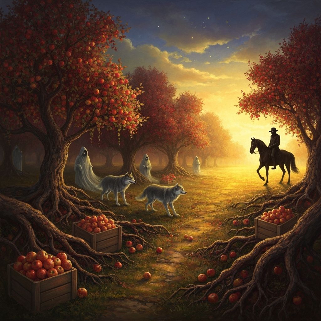 Enchanted Orchard at Twilight with Spectral Wolves
