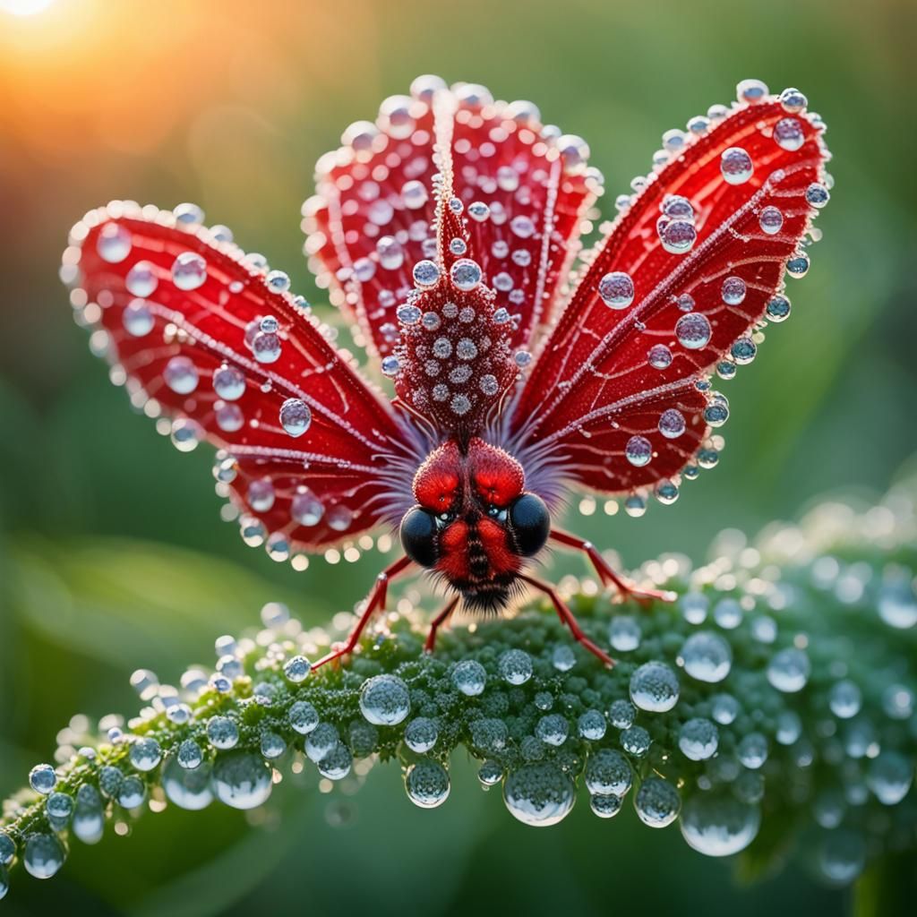 Majestic Red Dew-Covered Moth Macro Photography