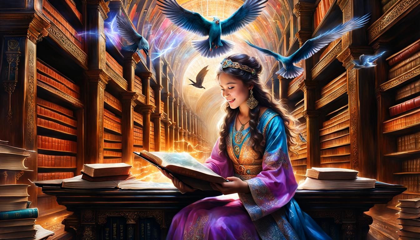 Enchanted Apprentice Mage in Ancient Library, Hyperdetailed ...