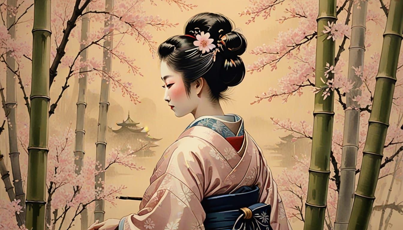 Geisha Calligraphy in Bamboo Garden, Sumi-e Style