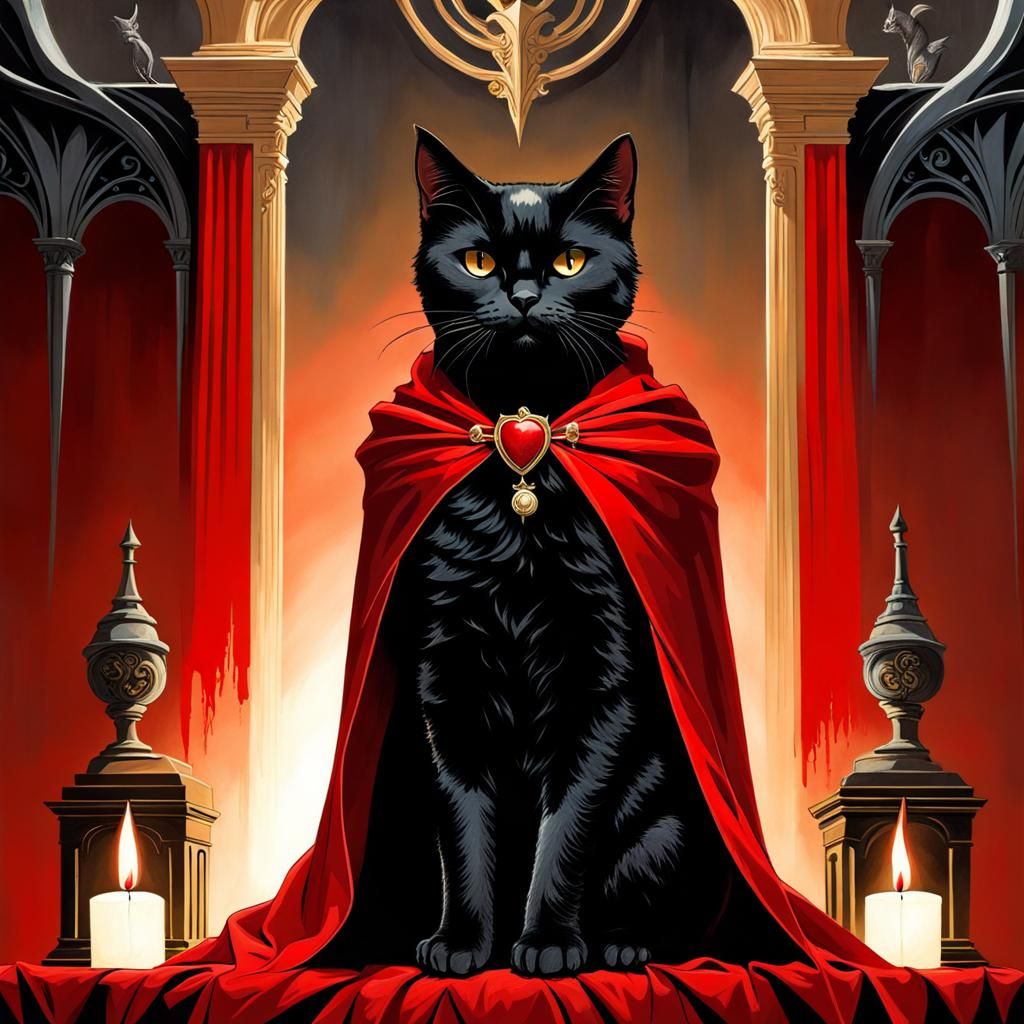 Black Cat in Dracula Cape, Horror Illustration