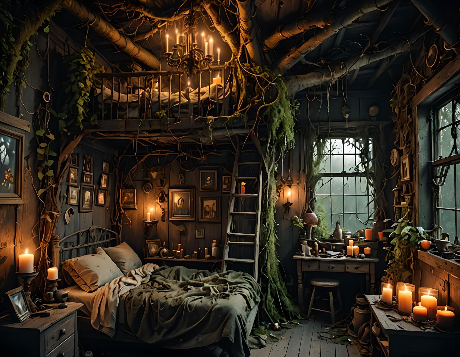 Enchanted Witch Treehouse Bedroom: Post-Apocalyptic Interior