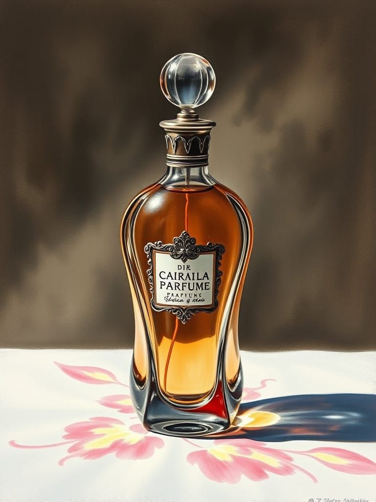 Surreal Art Deco Perfume Bottle in Chalk Pastels and Charcoa...