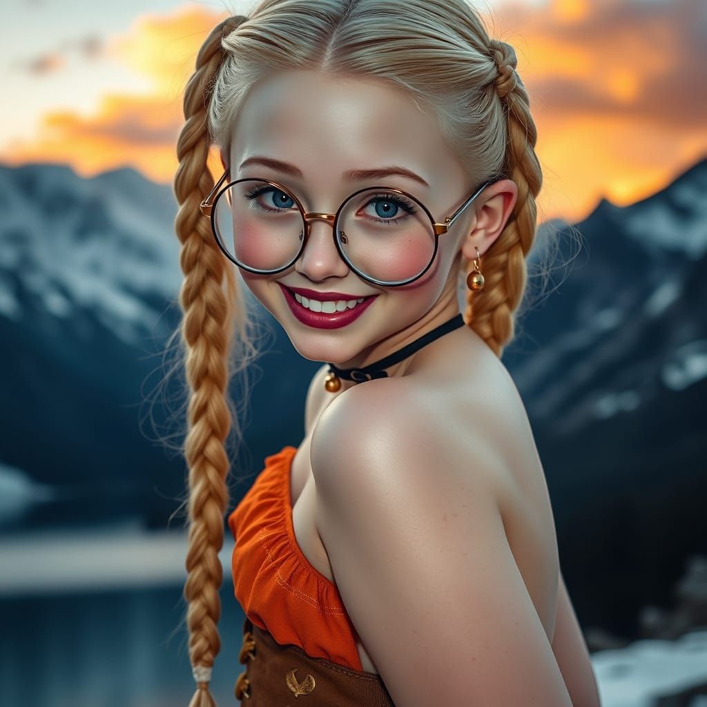 Cute Girl with Freckles and Glasses by Mountain Lake