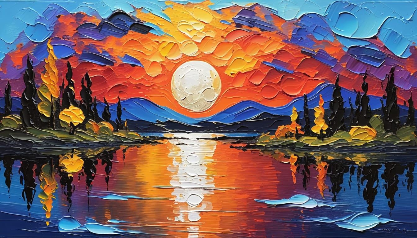 Moonrise Over Lake as Impasto Acrylic Painting
