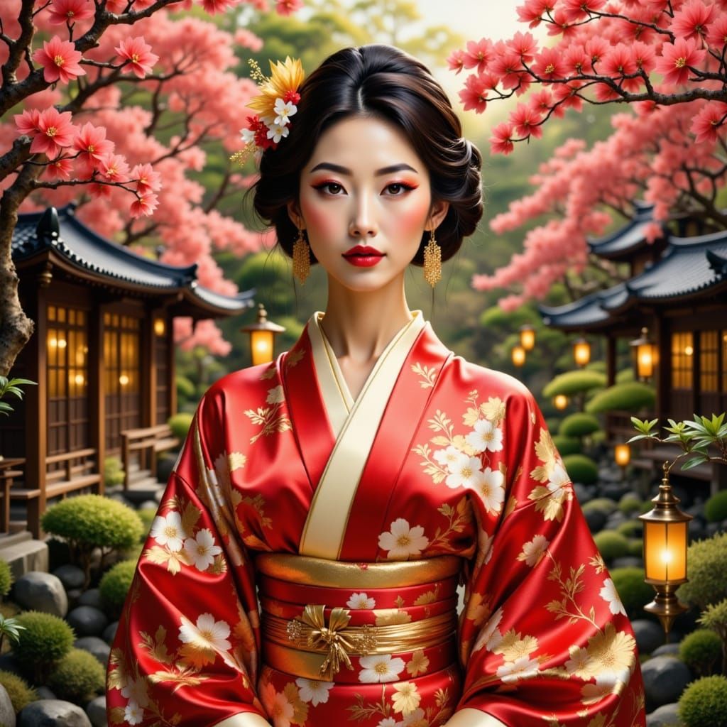 Origami Geisha in Japanese Garden