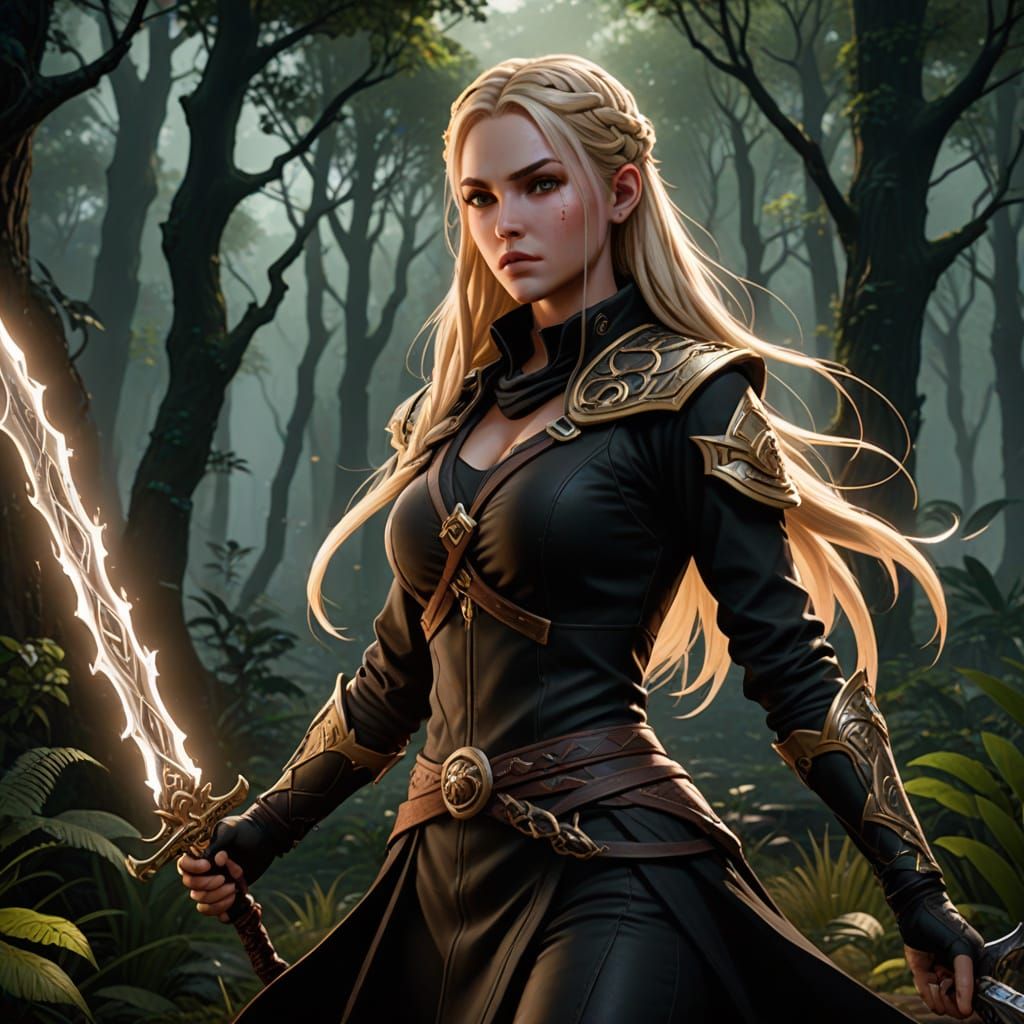 Blonde Hunter with Daggers in Dark Forest, Arcane Style