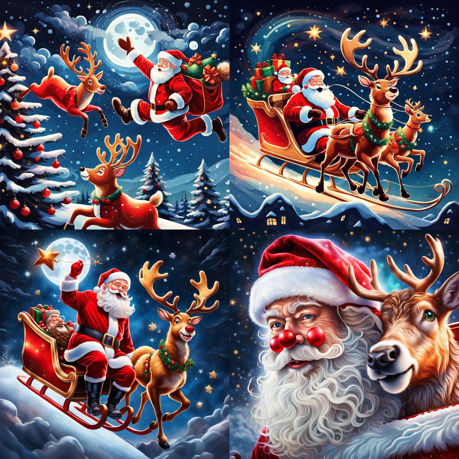 Vintage Christmas Scene with Santa Claus and Rudolph