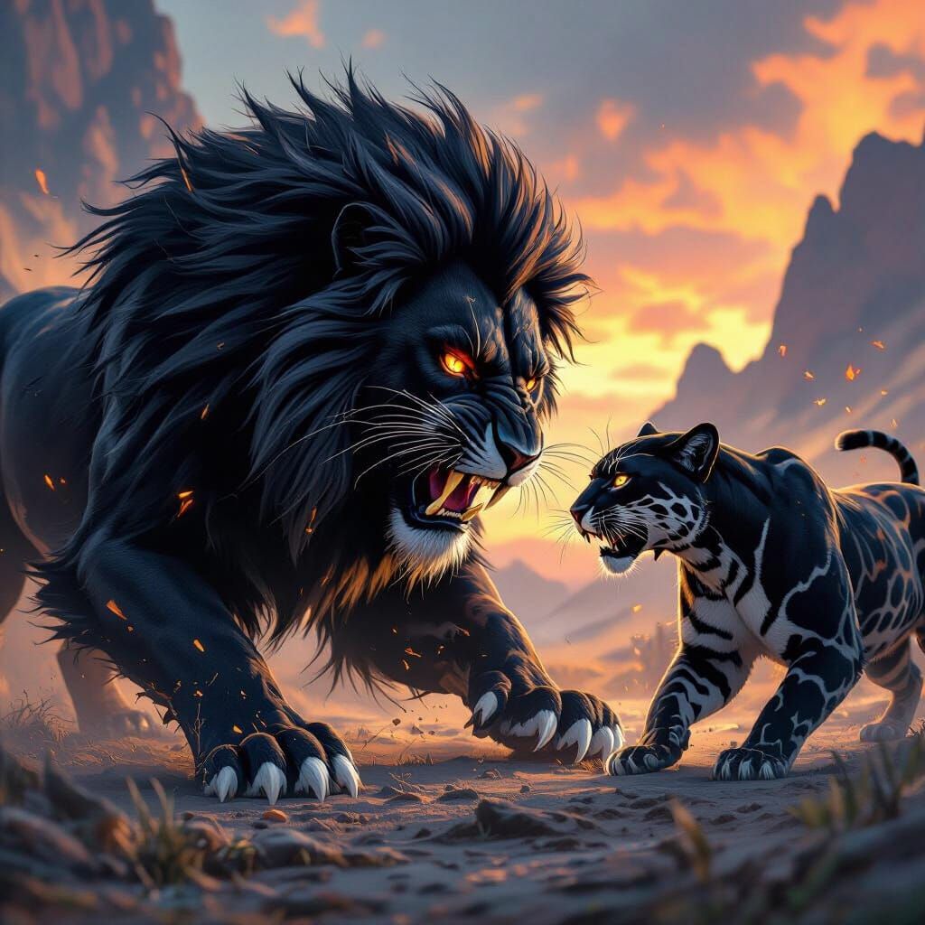 Black Lion Battles Tiger and Panther in Fantasy Art