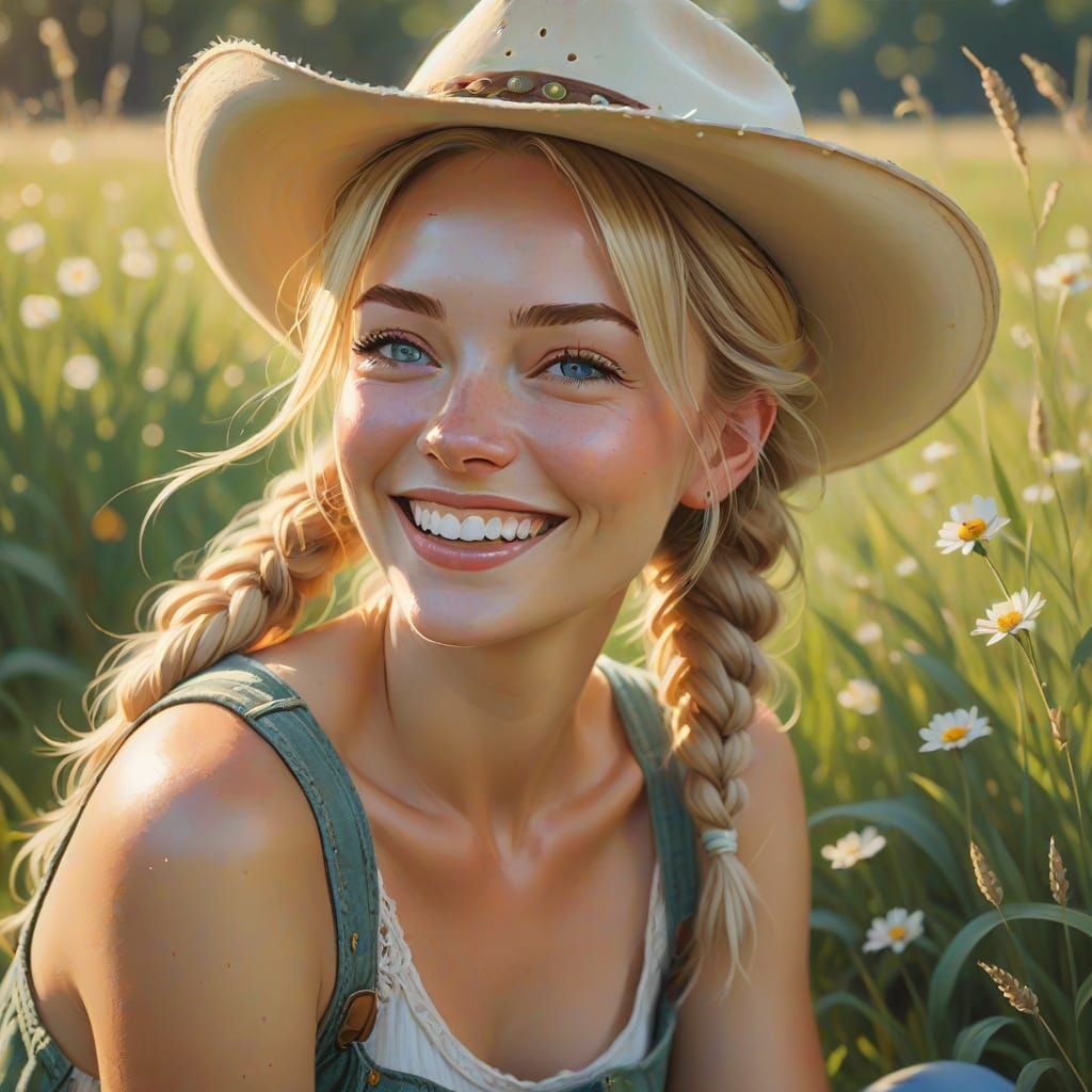 Laughing Blonde Woman in Cowboy Hat, Impressionistic Oil Pai...