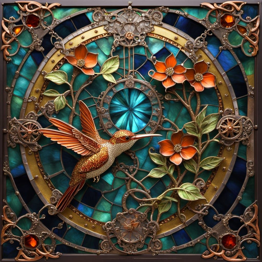 Steampunk Hummingbird with Mechanical Flower in Painterly St...