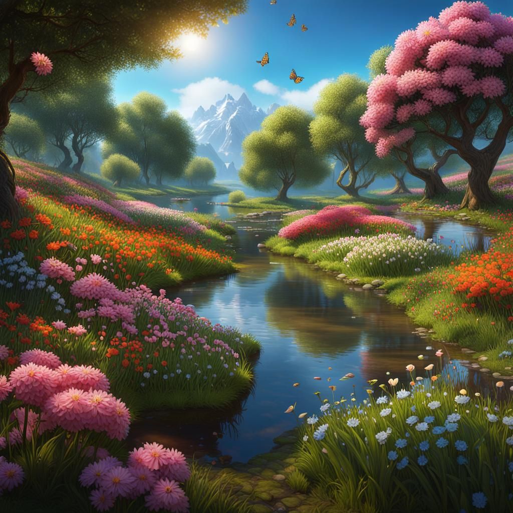 Lush Spring Landscape with Butterflies in Detailed Matte Pai...
