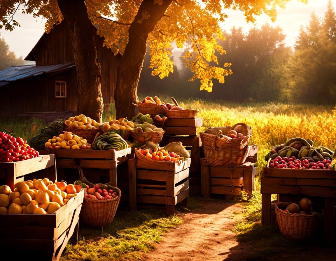 Rustic Farm Stand Overflowing with Vibrant Produce