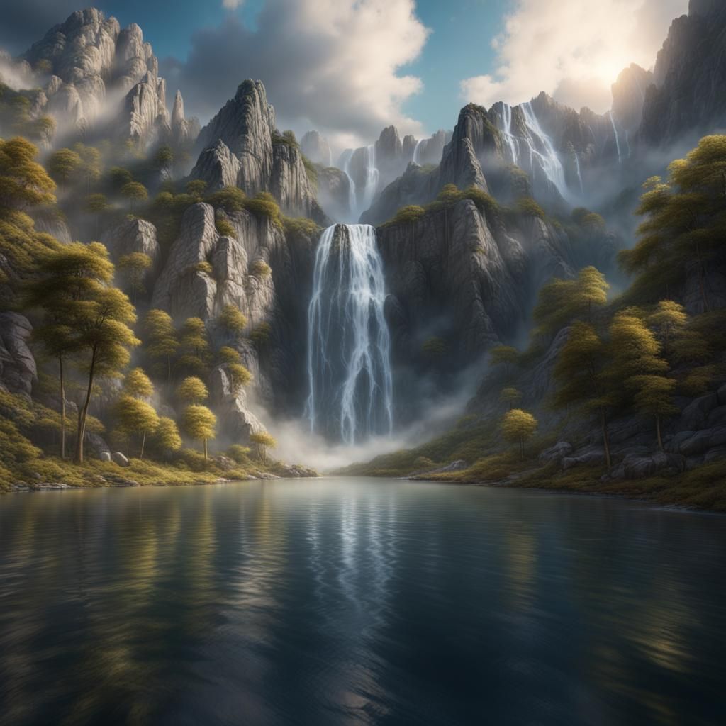 Dramatic Waterfall Cascading into Pond: Digital Matte Painti...