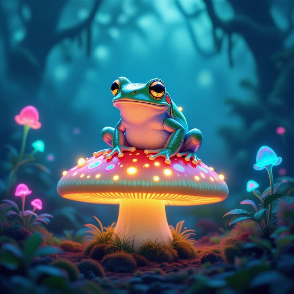 Bioluminescent Frog on Mushroom in Alien Forest