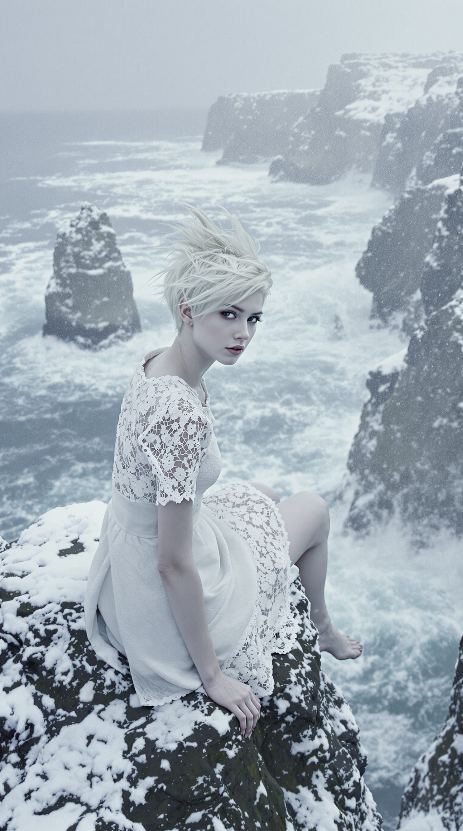 Albino Woman on Snow Cliffs in Blizzard