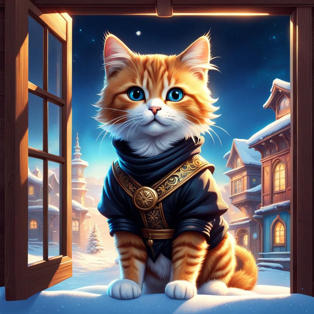 Baroque Ninja Cat on Snowy Street, Hyperrealistic